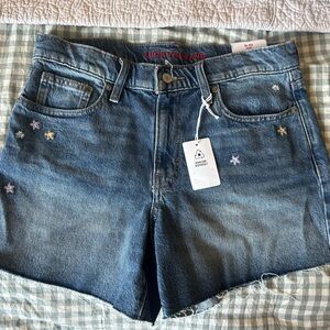 Lucky Brand High-Rise Blue Denim Shorts with Embroidered Flowers